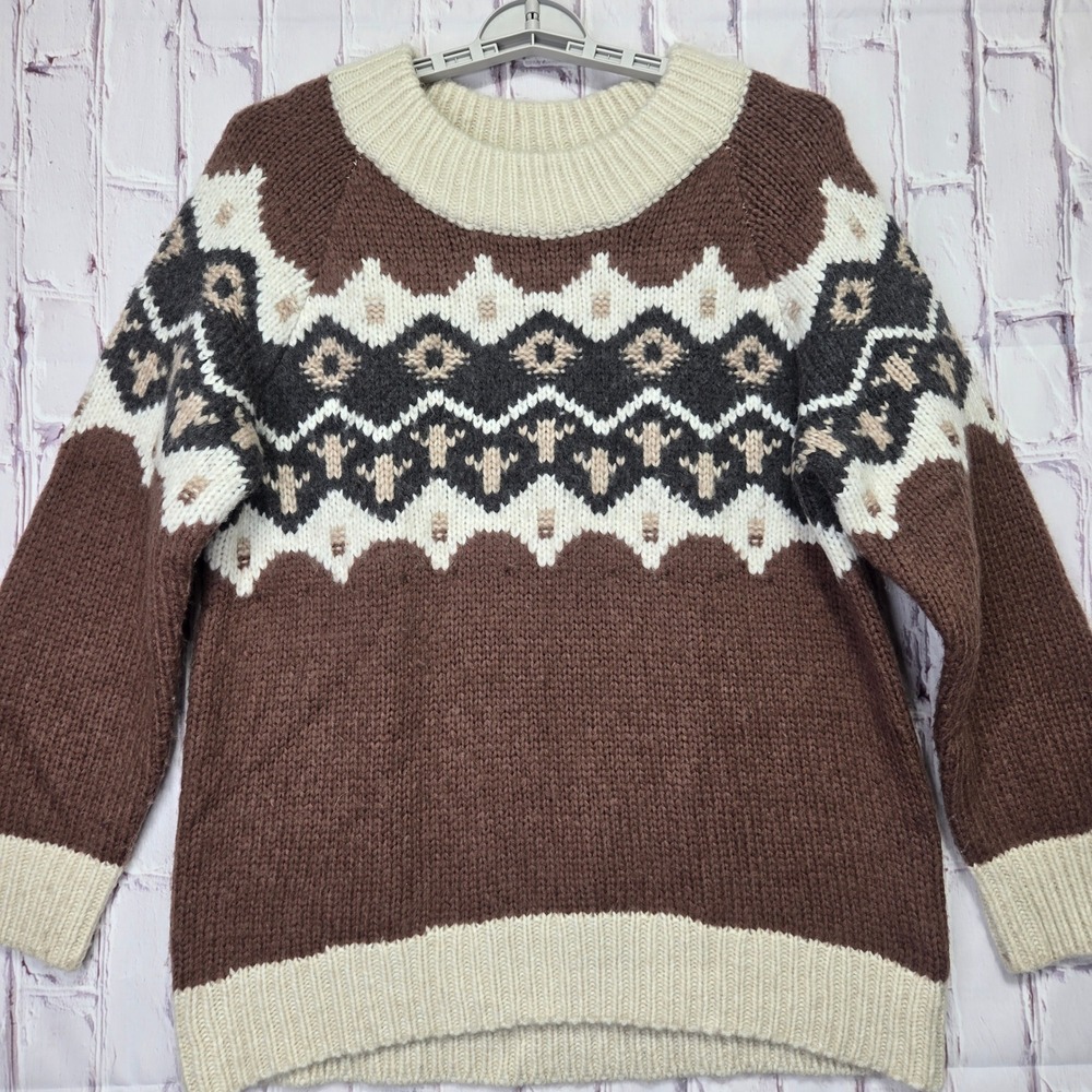 Aerie Womens Fair Isle Wool Blend Chunky Knit Sweater Brown Cream Sz Medium